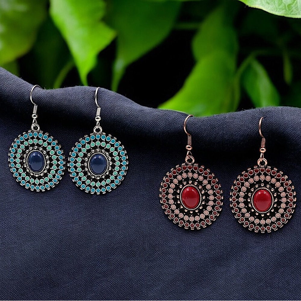 medallion mandala metal enamel dangle hook earrings set stone red blue✨BRAND-NEW